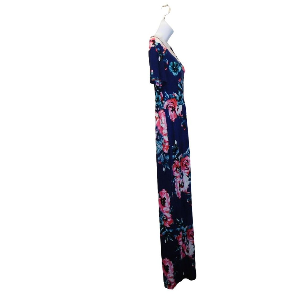 Women's VIISHOW Long Short Sleeve Dress With Pockets Navy Blue Floral Sz. M - Picture 4 of 7